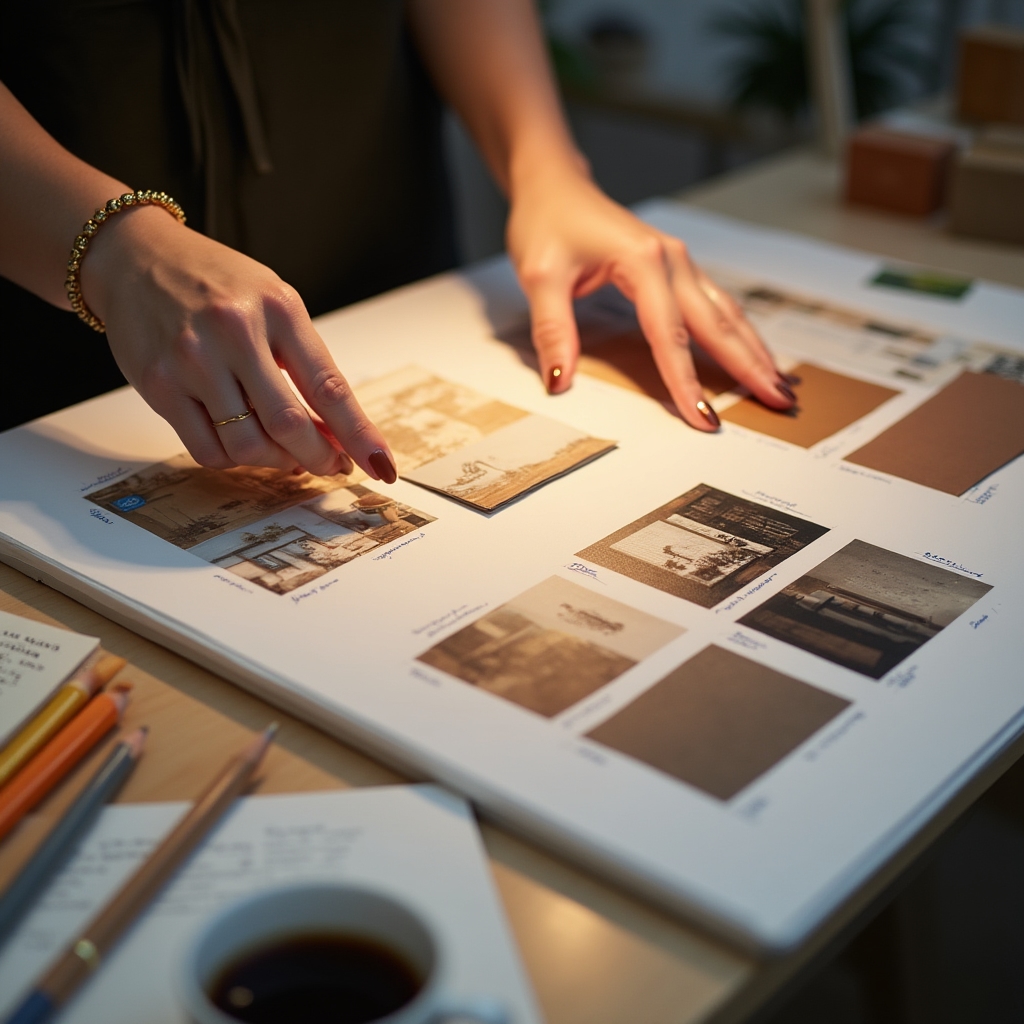 Scrivania con mood board e campioni di materiali